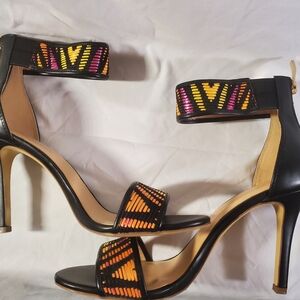 BCBGeneration Black Heeled Sandals with Orange and Pink Embroidered Straps